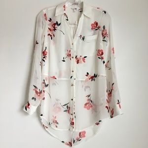 Candie's Split Back Sheer Floral Print Top